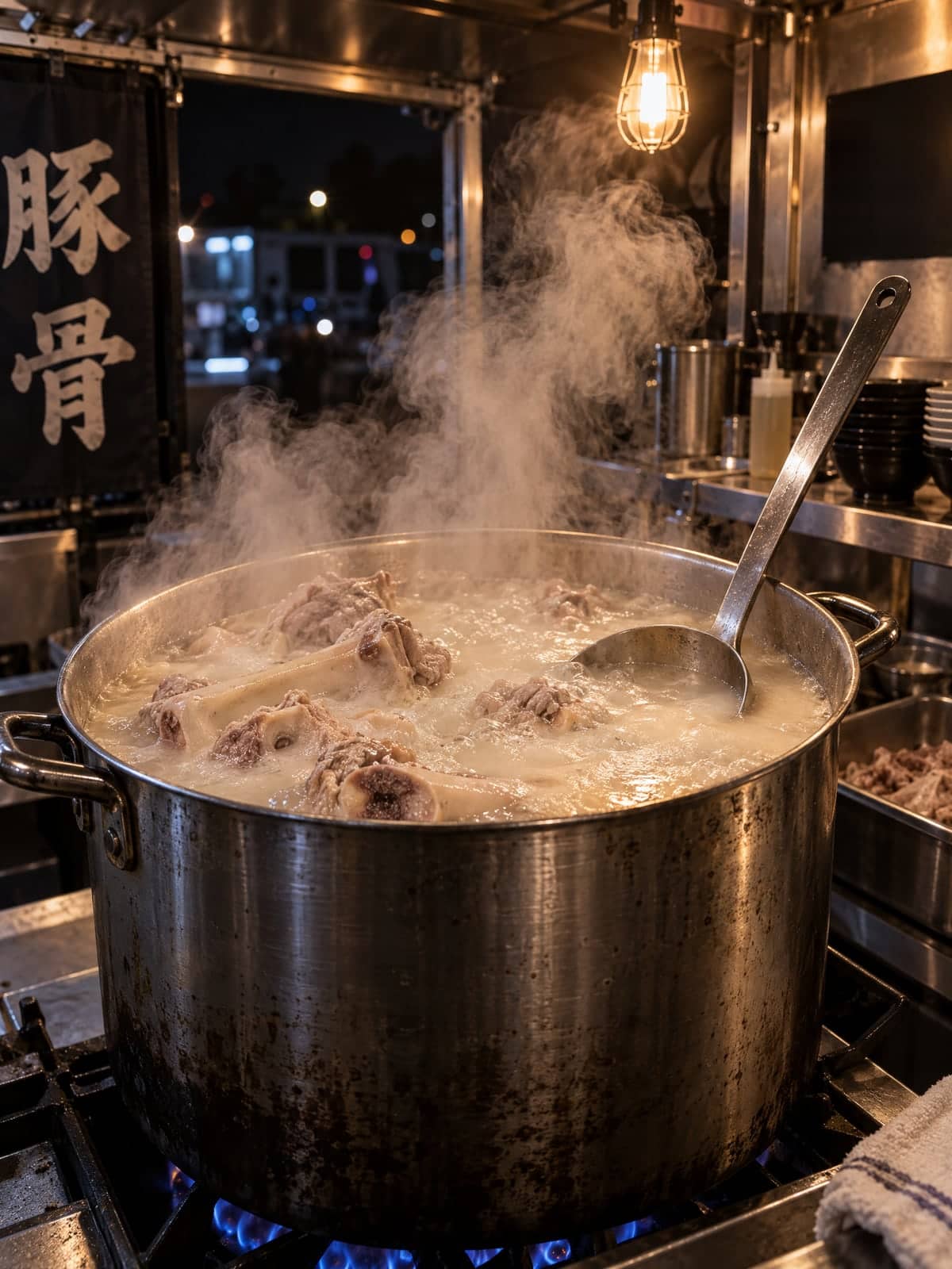 A big steel stockpot of simmering tonkotsu broth, a ladle resting in it and steam billowing up