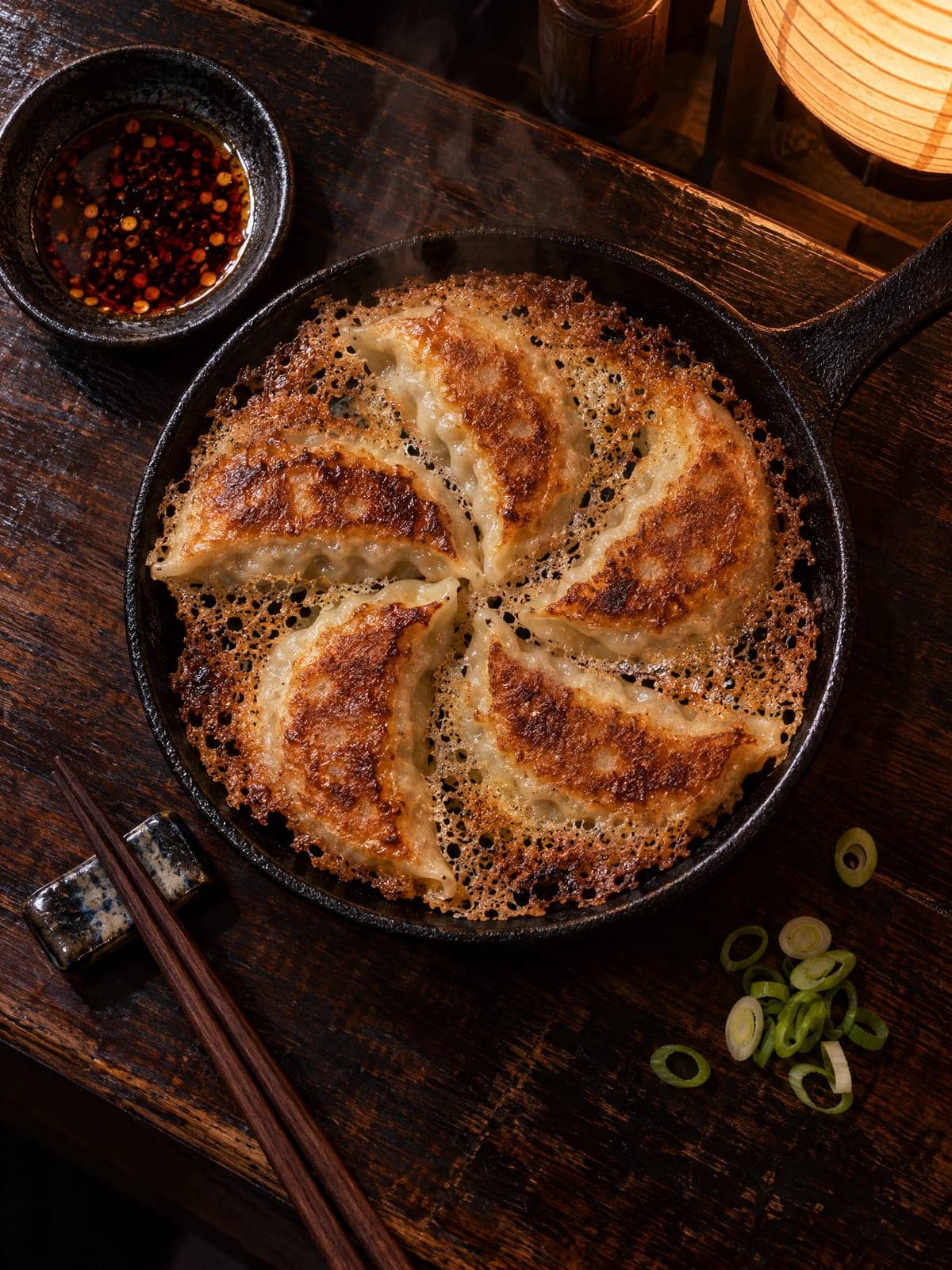 Overhead view of pan-fried gyoza with a crispy lace skirt in a black cast-iron skillet, beside a dish of chili vinegar
