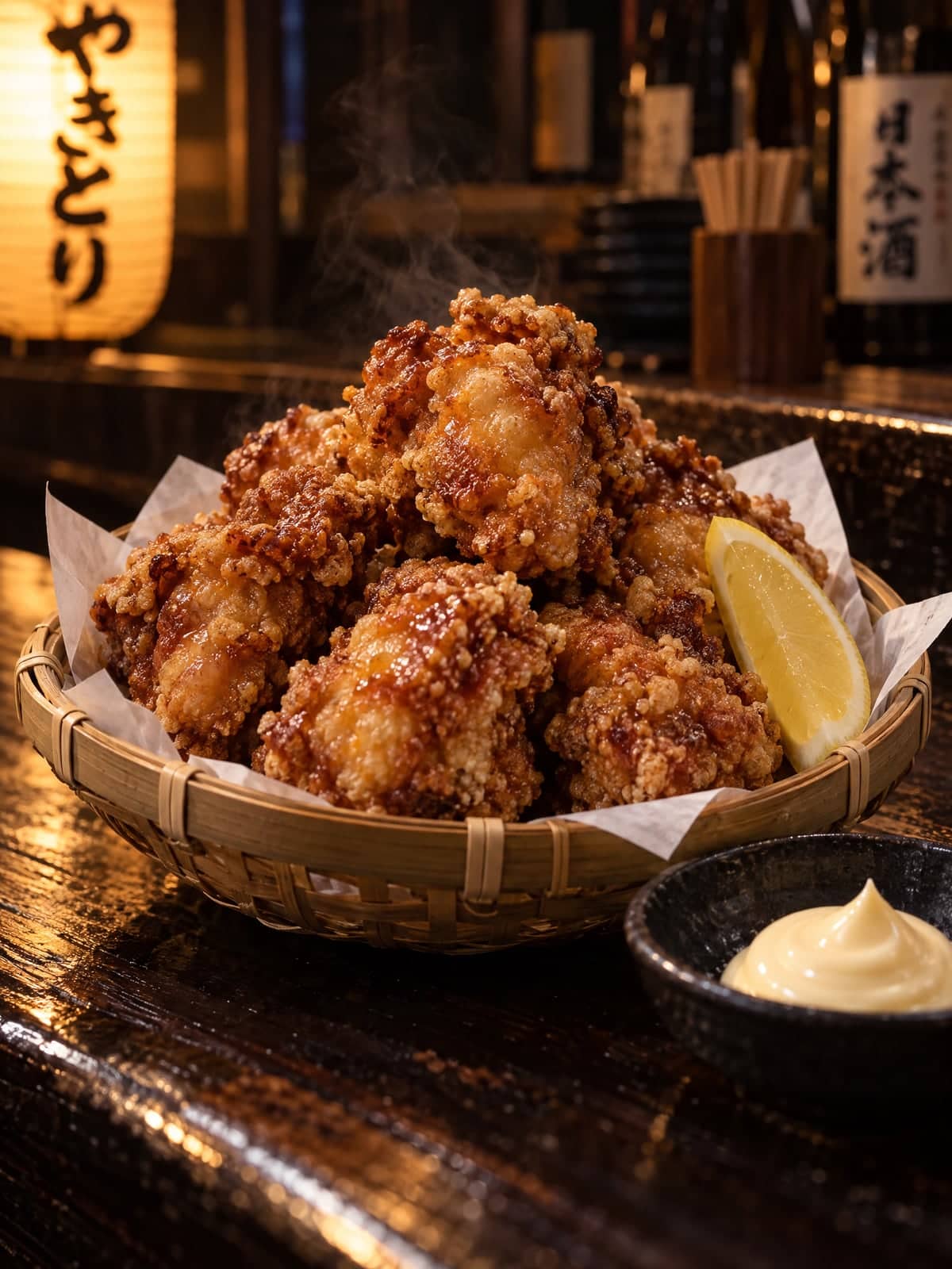 Karaage piled in a parchment-lined bamboo basket with a lemon wedge and Japanese mayo