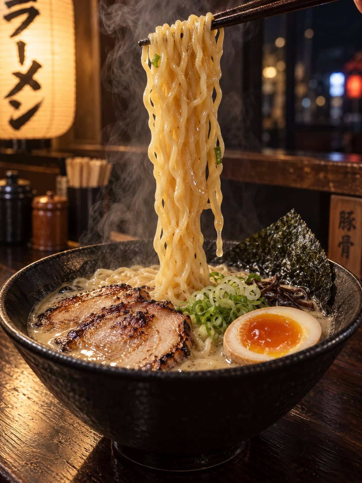 Chopsticks lifting wavy noodles out of a steaming bowl of tonkotsu ramen
