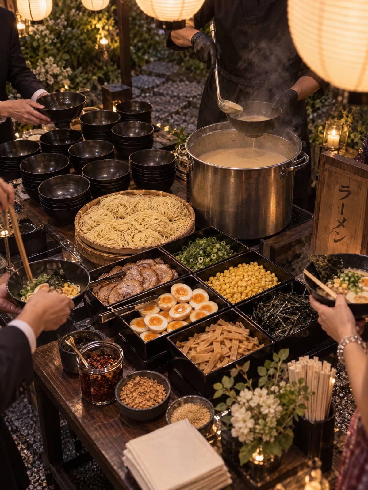 An evening ramen bar at a garden party: a stockpot of broth, fresh noodles and toppings in lacquer trays under paper lanterns