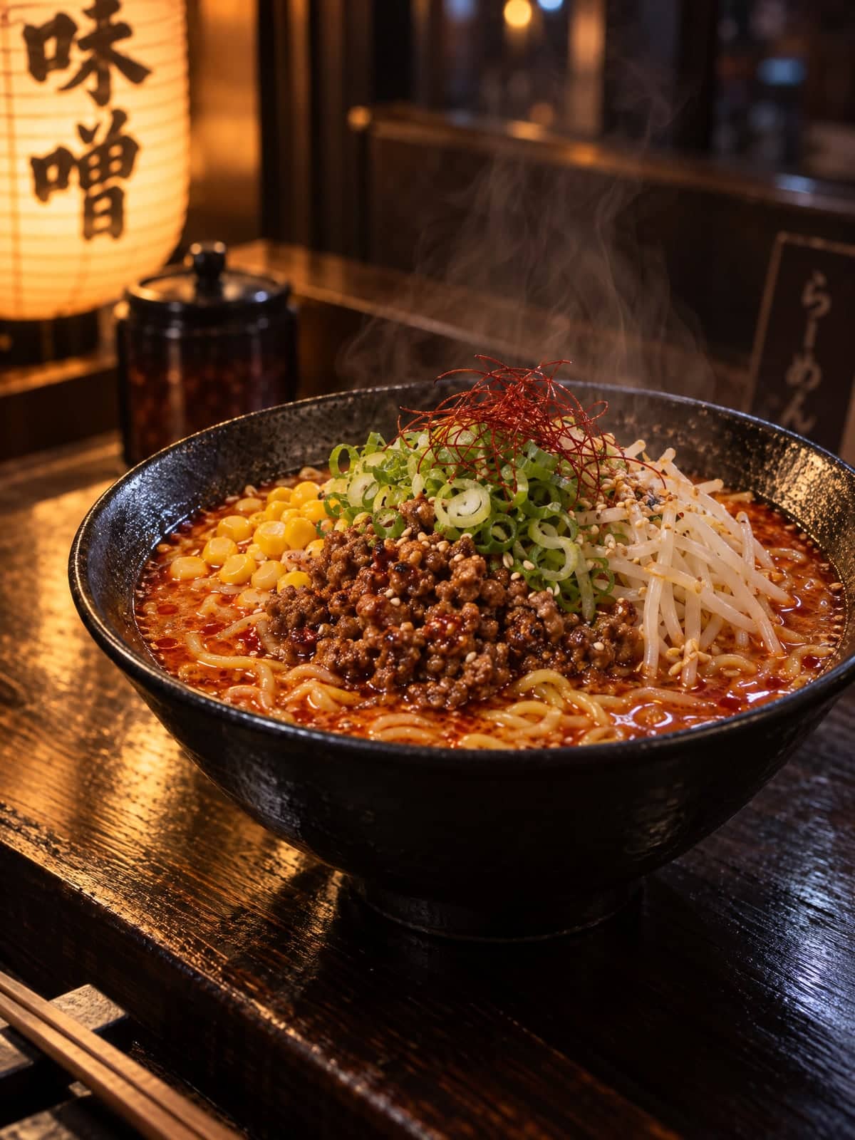 Spicy red miso ramen with chili oil, sweet corn and bean sprouts