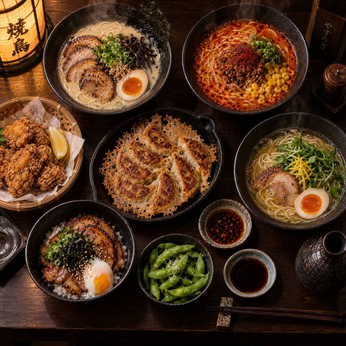 Overhead view of a late-night spread: tonkotsu, spicy miso and yuzu shio ramen, a skillet of gyoza, a basket of karaage, a chashu don and edamame