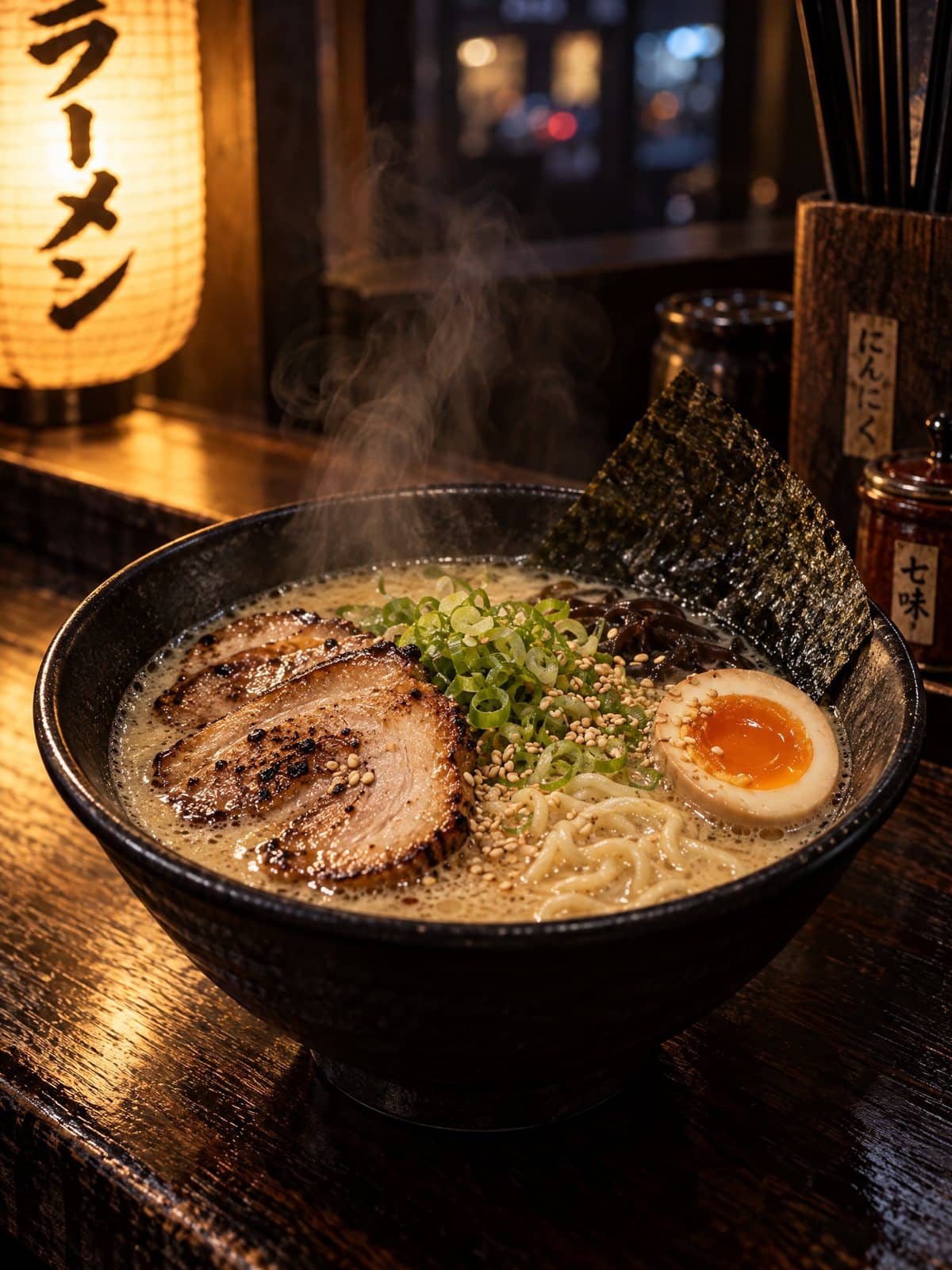 Tonkotsu ramen in a black bowl on a dark counter: torched chashu, a jammy egg, scallions and nori, with a paper ramen lantern glowing behind it