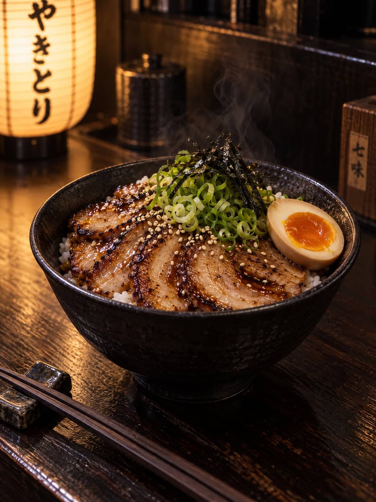 Chashu don: torched, glazed chashu over rice with a jammy egg and scallions
