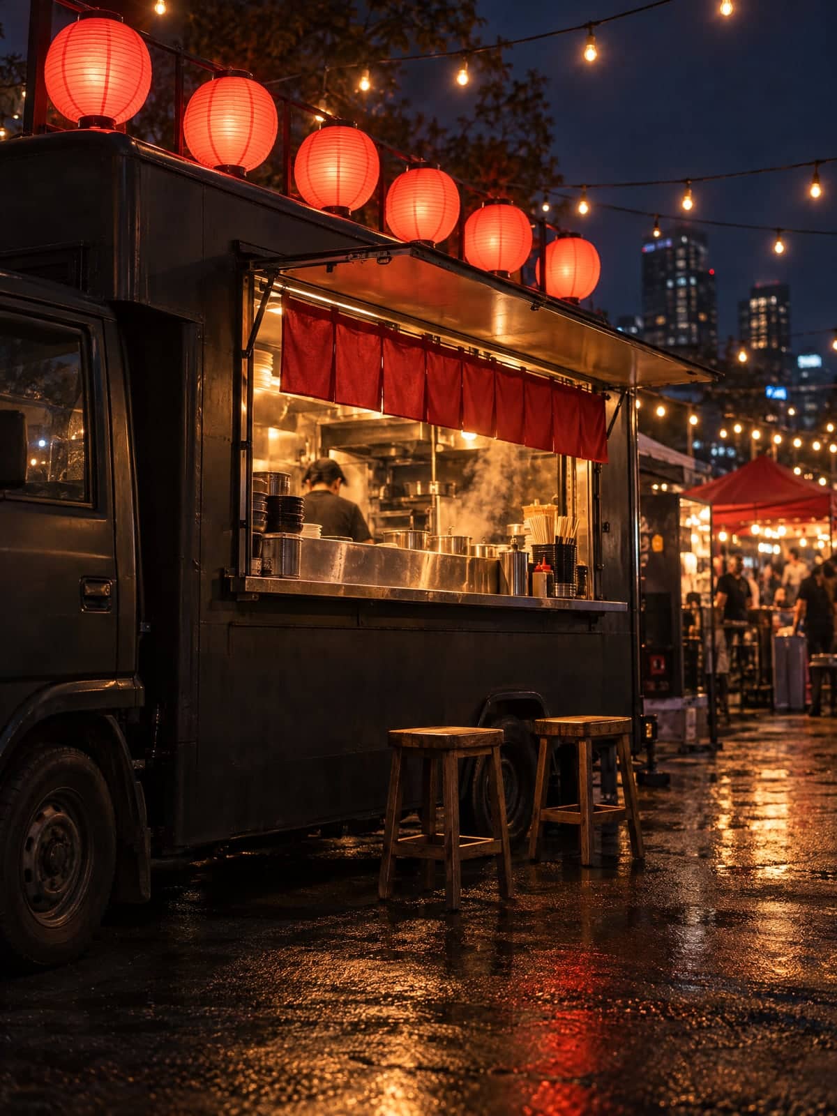 A matte black food truck at a night market, its service window glowing under red lanterns and festoon lights, two stools waiting on the wet ground