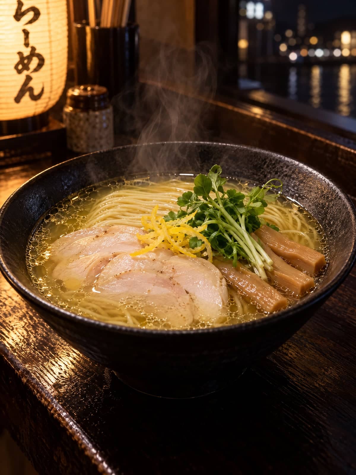 Clear golden yuzu shio ramen with chicken chashu, bamboo shoots, pea shoots and yuzu peel